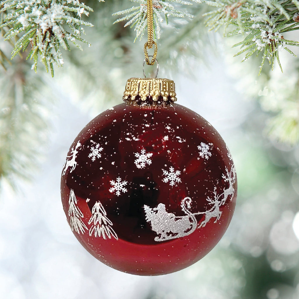 Glass Christmas Tree Ornaments - 67mm/2.63" [4 Pieces] Decorated Balls from Christmas by Krebs Seamless Hanging Holiday Decor (Christmas Red with Flying Santa Sleigh)