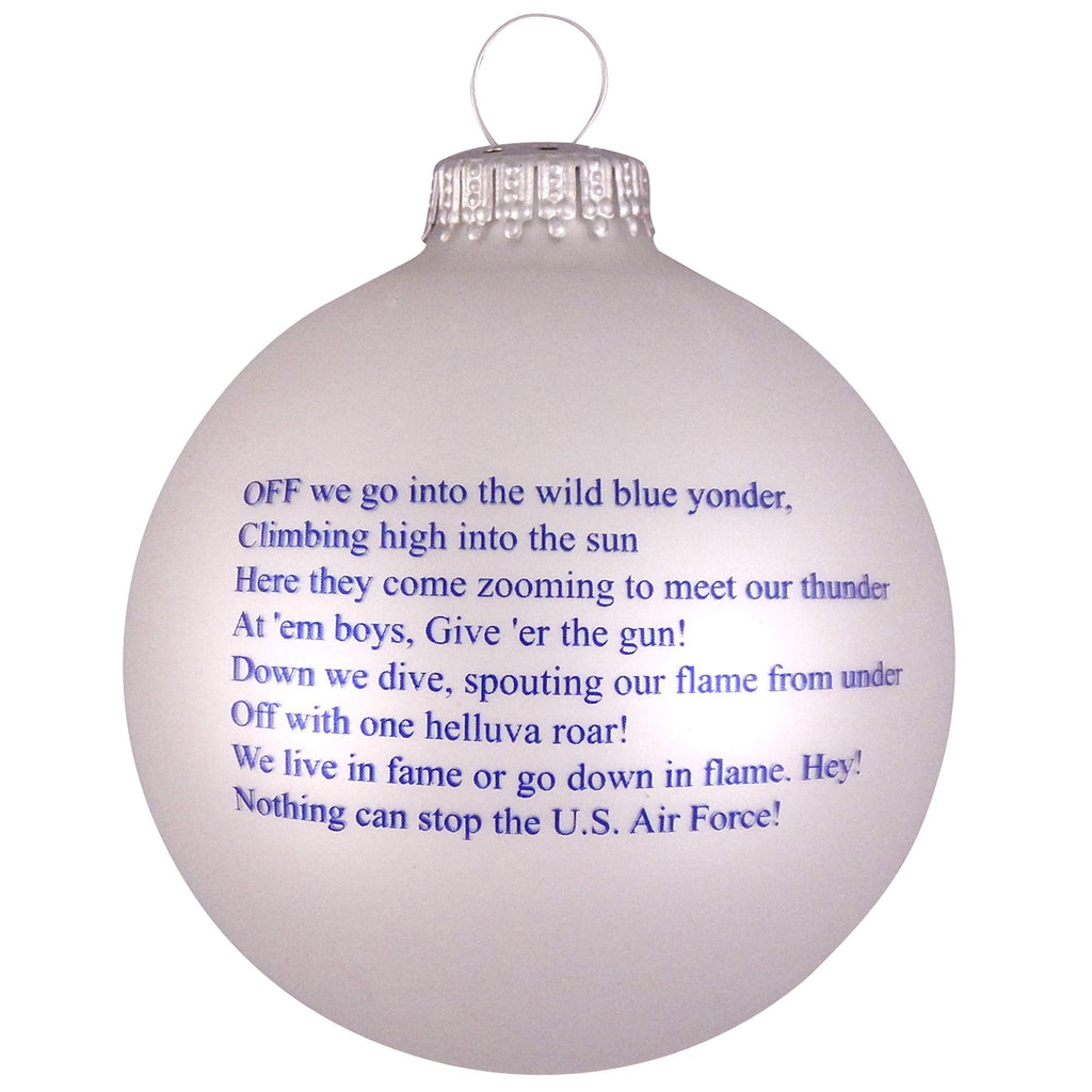 Christmas Tree Ornaments Made in the USA - 80mm / 3.25" Decorated Collectible Glass Balls from Christmas by Krebs - Handmade Hanging Holiday Decoration for Trees (USAF Logo & Hymn, Silver Pearl)