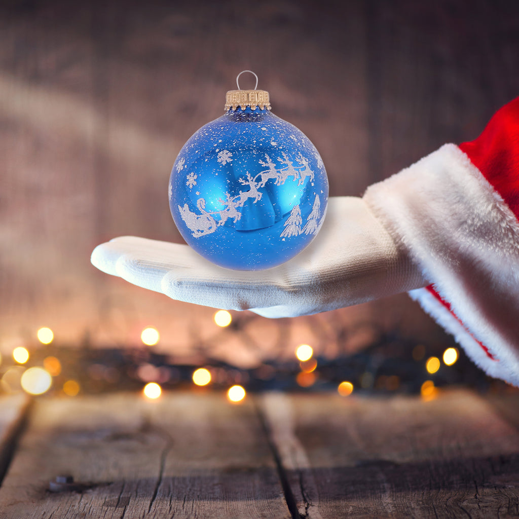 Glass Christmas Tree Ornaments - 67mm/2.63" [4 Pieces] Decorated Balls from Christmas by Krebs Seamless Hanging Holiday Decor (Classic Blue Shine with Santa Sleigh)