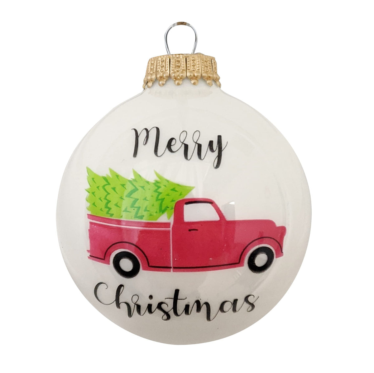 Glass Christmas Tree Ornaments - 67mm/2.63" [4 Pieces] Decorated Balls from Christmas by Krebs Seamless Hanging Holiday Decor (Shiny Porcelain White with Red Vintage Truck)