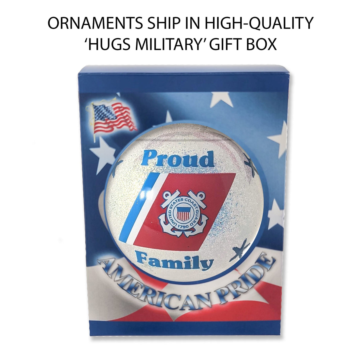 Christmas Tree Ornaments Made in the USA - 80mm / 3.25" Decorated Collectible Glass Balls from Christmas by Krebs - Handmade Hanging Holiday Decoration for Trees (HUGS Proud Coast Guard Family)