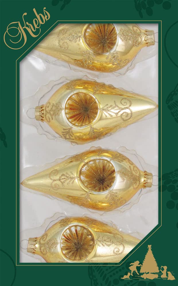 Glass Christmas Tree Ornaments - 67mm/2.625" [4 Pieces] Decorated Balls from Christmas by Krebs Seamless Hanging Holiday Decor (Shiny Aztec Gold Reflector 4" Drop Shape)