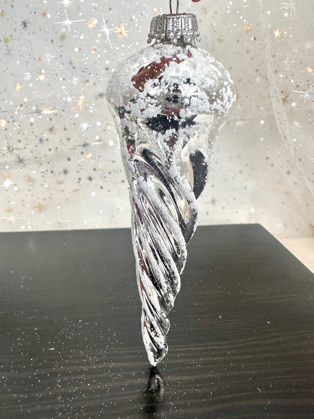 Glass Christmas Tree Ornaments - Decorated from Christmas by Krebs - Handmade Seamless Hanging Holiday Decorations for Trees (6" Bright Silver & White Glitter Twisted Icicles [3 Pieces])