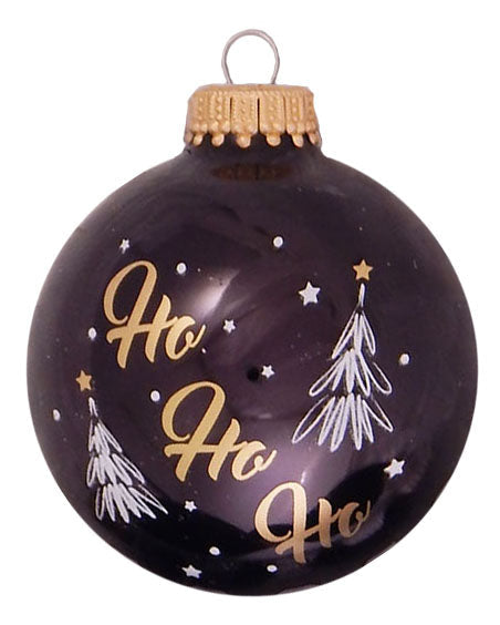 Glass Christmas Tree Ornaments - 67mm/2.625" [4 Pieces] Decorated Balls from Christmas by Krebs Seamless Hanging Holiday Decor (Ebony Shiny with Ho Ho Ho)