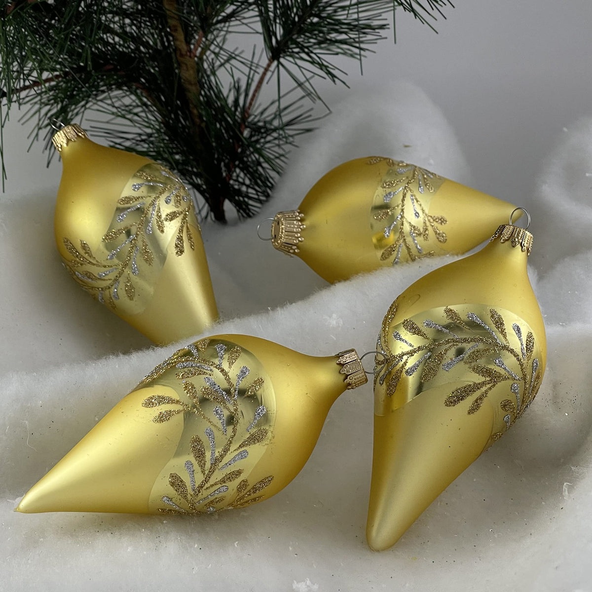 Glass Christmas Tree Ornaments - 67mm/2.63" [4 Pieces] Decorated Balls from Christmas by Krebs Seamless Hanging Holiday Decor (Gold Velvet 4" Drop with Leaves)