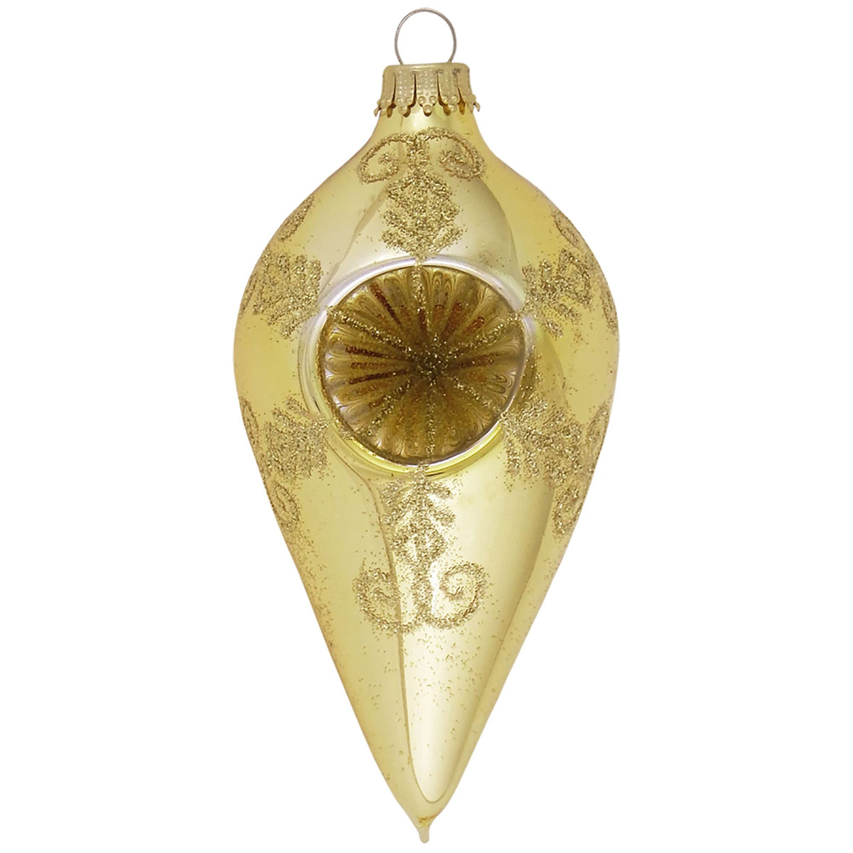 Glass Christmas Tree Ornaments - 67mm/2.625" [4 Pieces] Decorated Balls from Christmas by Krebs Seamless Hanging Holiday Decor (Shiny Aztec Gold Reflector 4" Drop Shape)