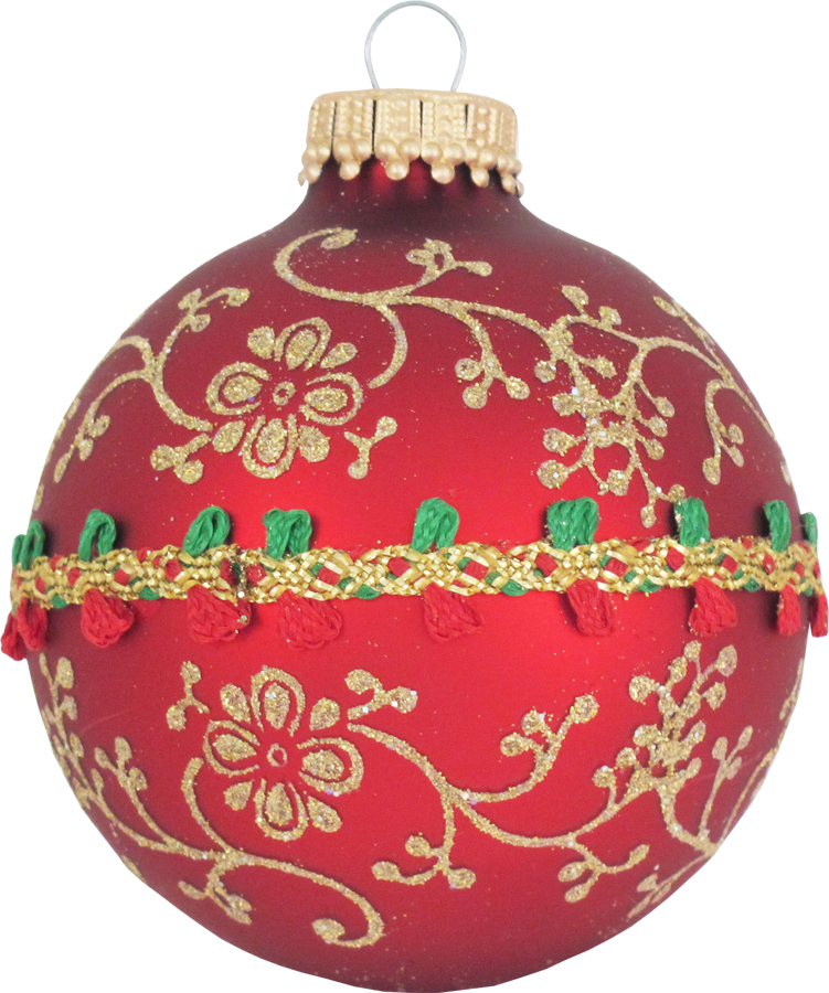 Glass Christmas Tree Ornaments - 67mm/2.63" [4 Pieces] Decorated Balls from Christmas by Krebs Seamless Hanging Holiday Decor (Red & Velvet w/ Glitterlace and Braid)