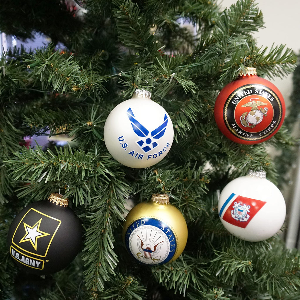 Christmas Tree Ornaments Made in the USA - 80mm / 3.25" Decorated Collectible Glass Balls from Christmas by Krebs - Handmade Hanging Holiday Decoration for Trees (USAF with Est Date, Logo)