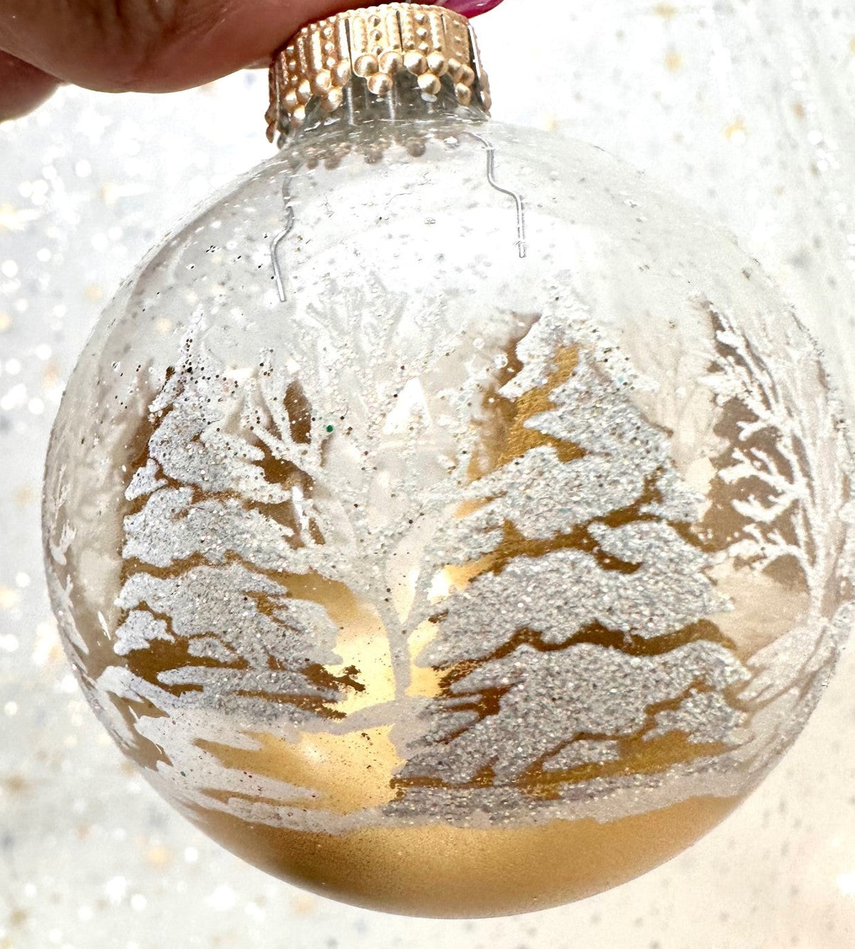 Glass Christmas Tree Ornaments - 67mm/2.63" [4 Pieces] Decorated Balls from Christmas by Krebs Seamless Hanging Holiday Decor (Clear with Gold & White Festive Trees)