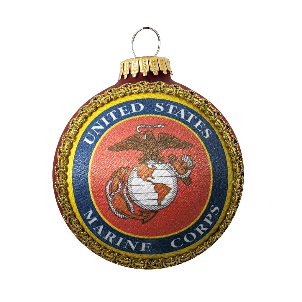 Christmas Tree Ornaments Made in the USA - 80mm / 3.25" Decorated Collectible Glass Balls from Christmas by Krebs - Handmade Hanging Holiday Decoration for Trees (USMC Logo and Hymn, Silk)