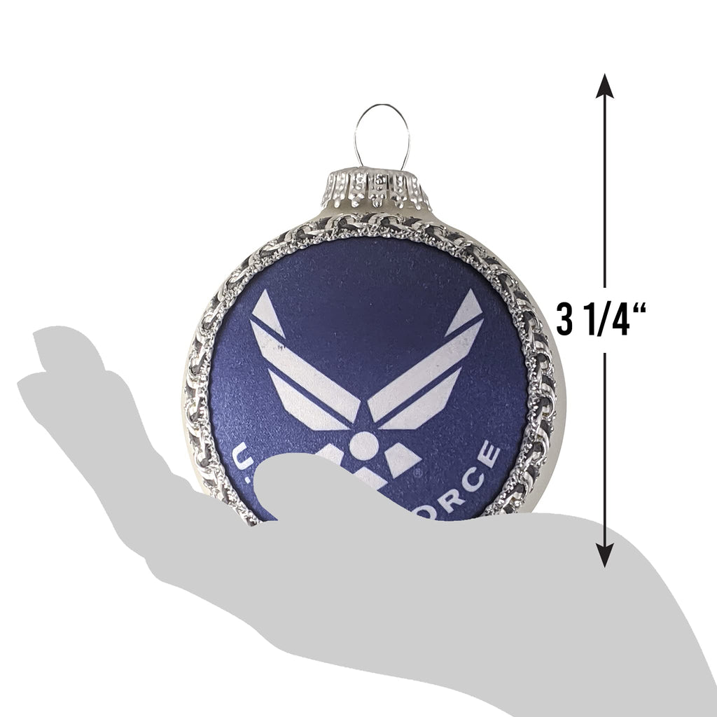 Christmas Tree Ornaments Made in the USA - 80mm / 3.25" Decorated Collectible Glass Balls from Christmas by Krebs - Handmade Hanging Holiday Decoration for Trees (USAF Logo and Hymn, Silk)