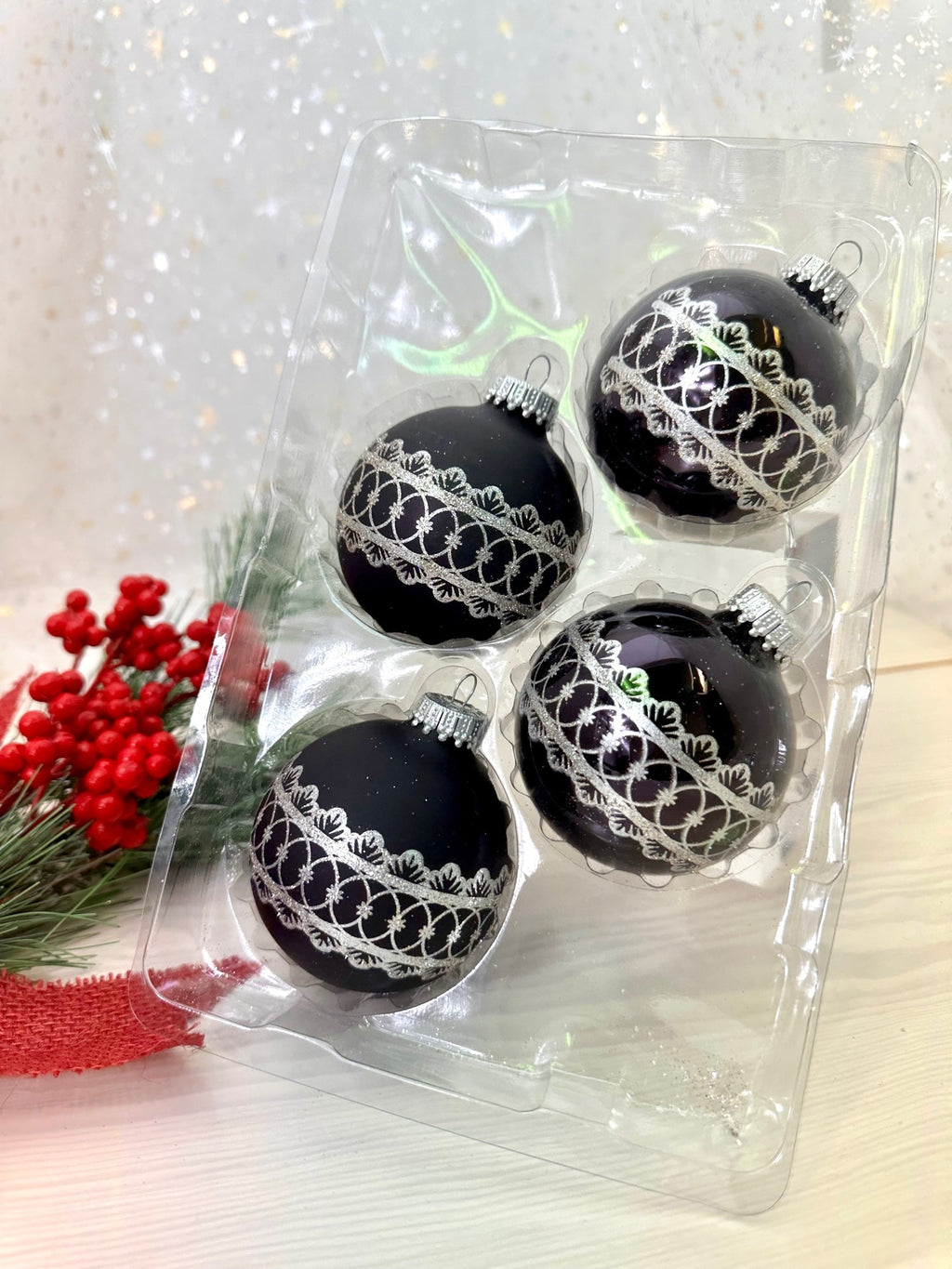 Glass Christmas Tree Ornaments - 67mm/2.63" [4 Pieces] Decorated Balls from Christmas by Krebs Seamless Hanging Holiday Decor (Ebony Shine & Velvet Black with Silver Fancy Band)