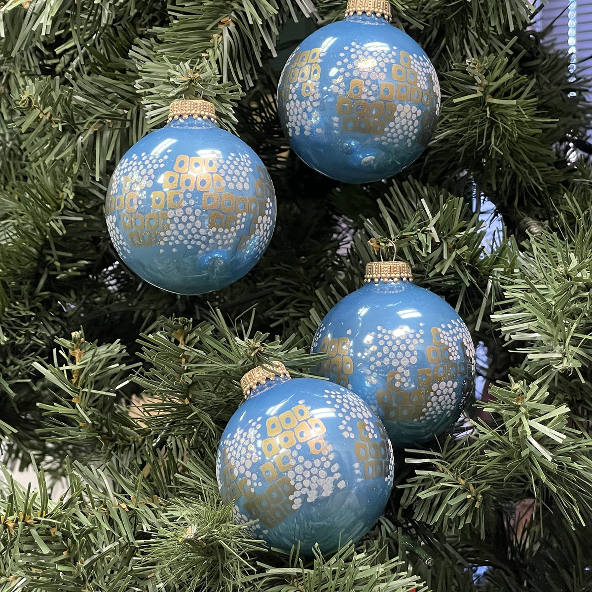 Glass Christmas Tree Ornaments - 67mm/2.63" [4 Pieces] Decorated Balls from Christmas by Krebs Seamless Hanging Holiday Decor (Shiny Blue Jay with Squares and Circles)