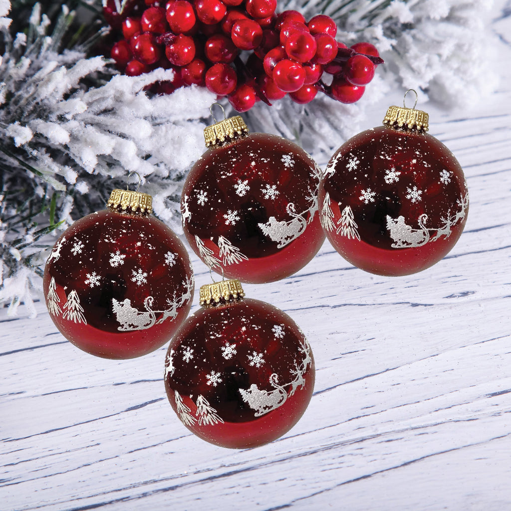 Glass Christmas Tree Ornaments - 67mm/2.63" [4 Pieces] Decorated Balls from Christmas by Krebs Seamless Hanging Holiday Decor (Christmas Red with Flying Santa Sleigh)