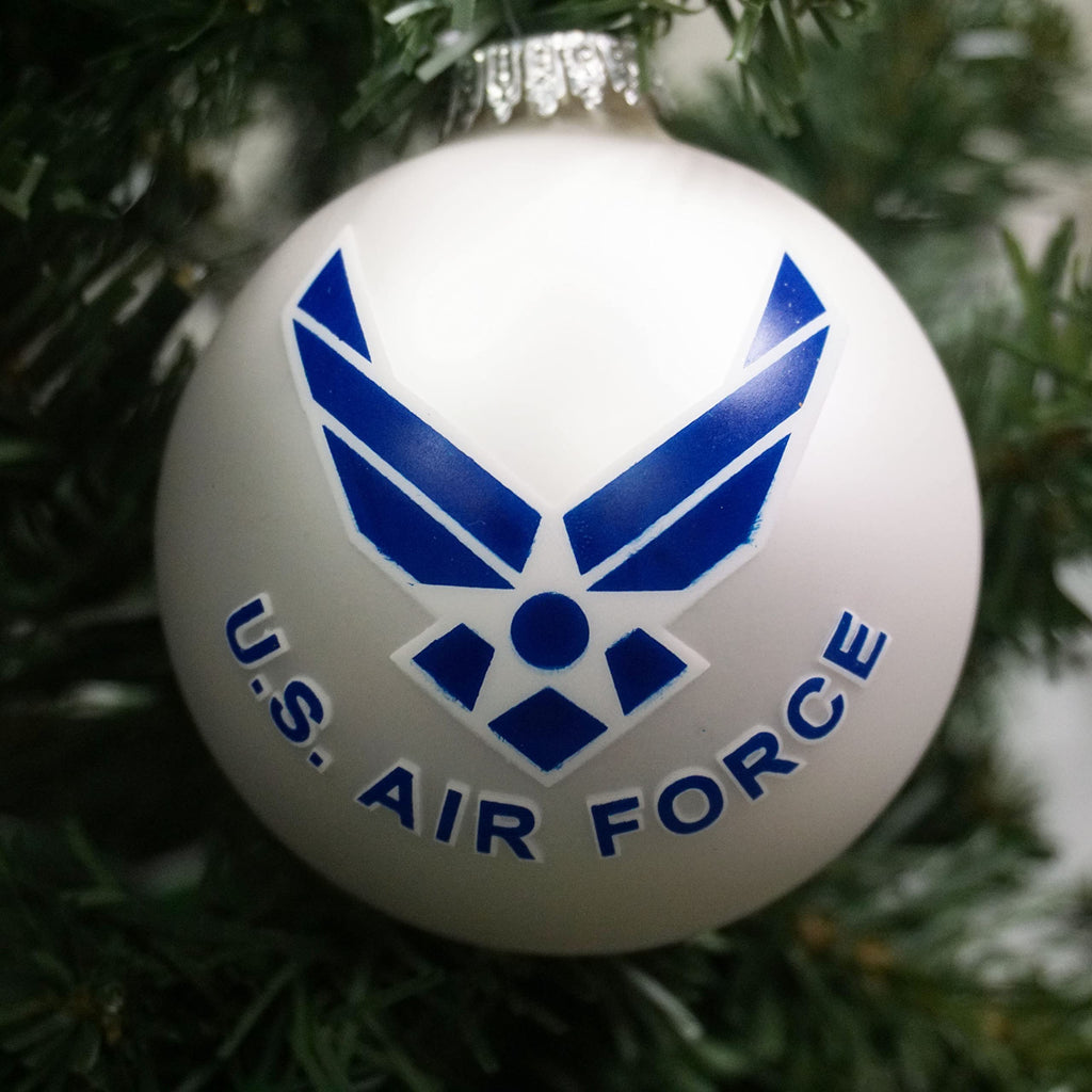 Christmas Tree Ornaments Made in the USA - 80mm / 3.25" Decorated Collectible Glass Balls from Christmas by Krebs - Handmade Hanging Holiday Decoration for Trees (USAF with Est Date, Logo)