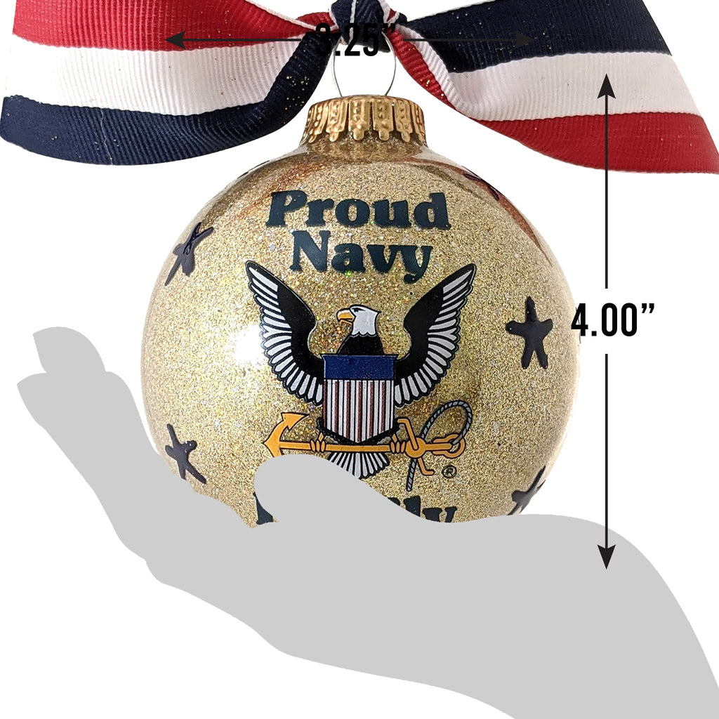 Christmas Tree Ornaments Made in the USA - 80mm / 3.25" Decorated Collectible Glass Balls from Christmas by Krebs - Handmade Hanging Holiday Decoration for Trees (HUGS Proud Navy Family)