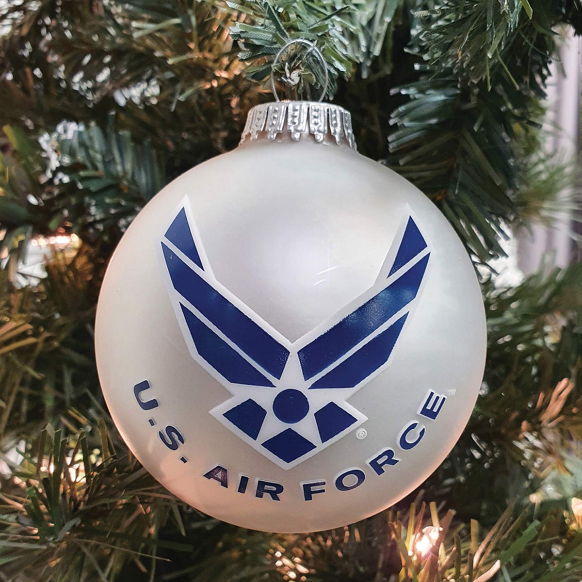 Christmas Tree Ornaments Made in the USA - 80mm / 3.25" Decorated Collectible Glass Balls from Christmas by Krebs - Handmade Hanging Holiday Decoration for Trees (USAF Logo & Hymn, Silver Pearl)