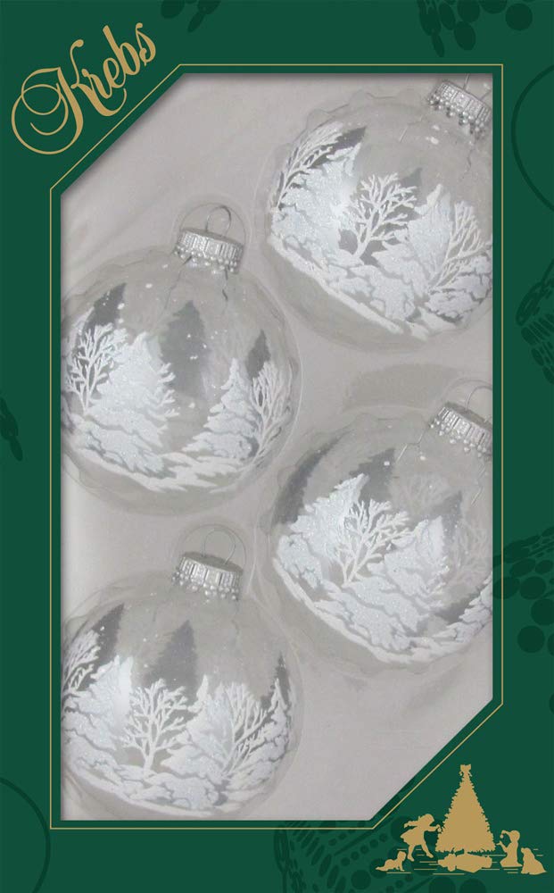 Glass Christmas Tree Ornaments - 67mm/2.63" [4 Pieces] Decorated Balls from Christmas by Krebs Seamless Hanging Holiday Decor (Clear with Silver and White Trees)