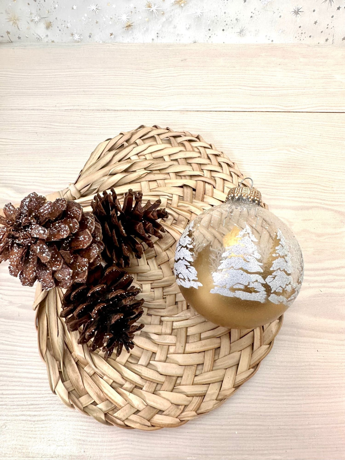 Glass Christmas Tree Ornaments - 67mm/2.63" [4 Pieces] Decorated Balls from Christmas by Krebs Seamless Hanging Holiday Decor (Clear with Gold & White Festive Trees)