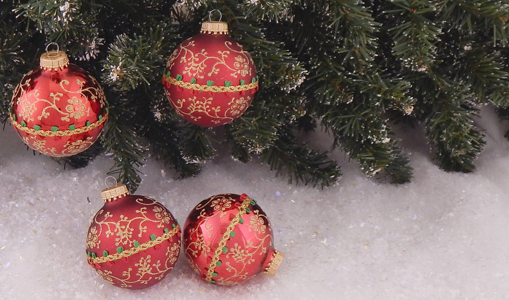 Glass Christmas Tree Ornaments - 67mm/2.63" [4 Pieces] Decorated Balls from Christmas by Krebs Seamless Hanging Holiday Decor (Red & Velvet w/ Glitterlace and Braid)