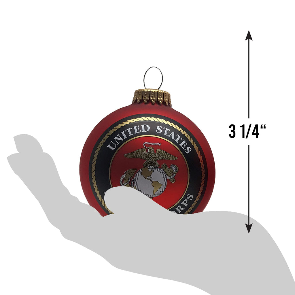Christmas Tree Ornaments Made in the USA - 80mm / 3.25" Decorated Collectible Glass Balls from Christmas by Krebs - Handmade Hanging Holiday Decorations for Trees (Marine Corps Seal and Established Date, Silk)