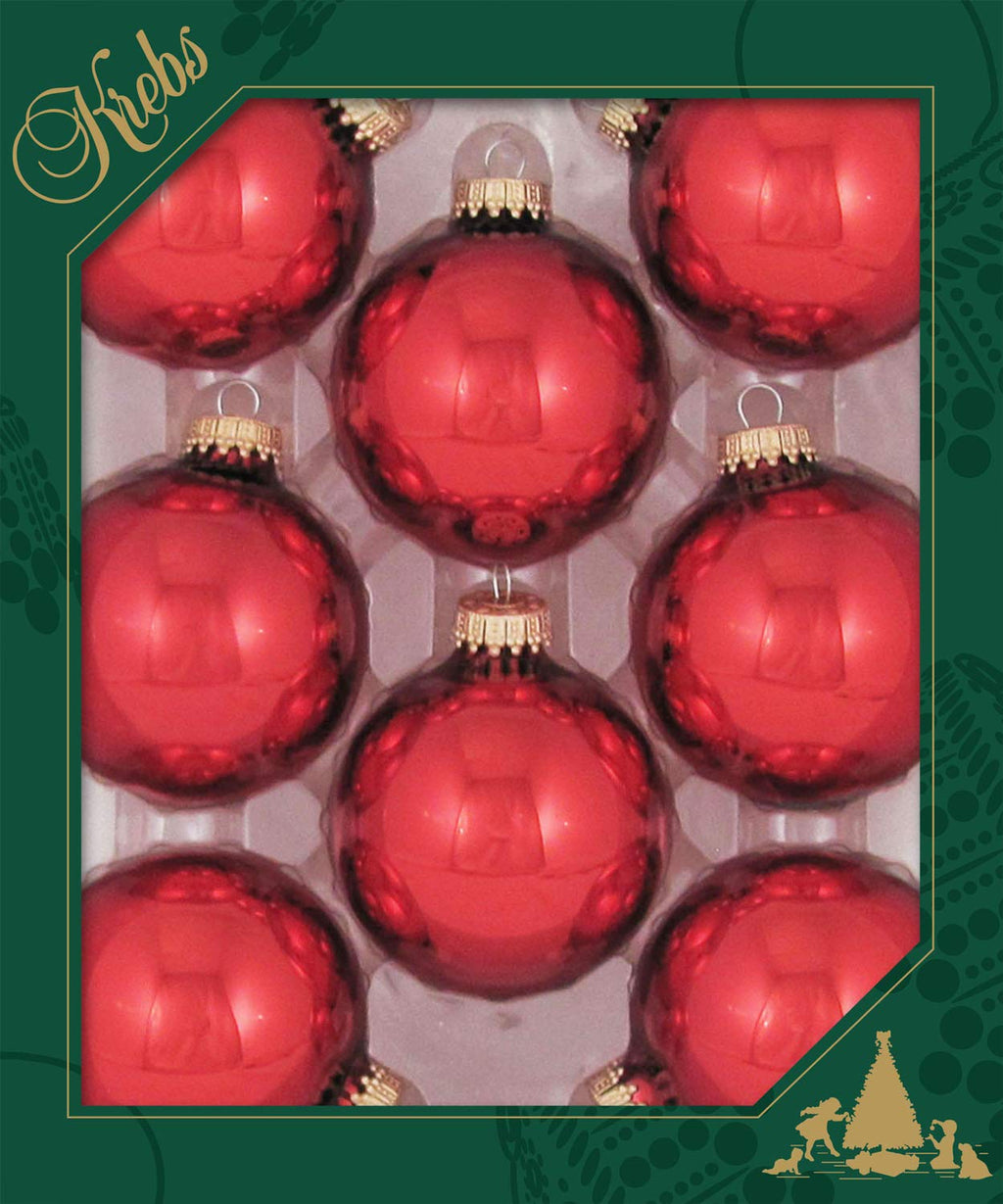 Christmas By Krebs Made in The USA Designer Seamless Glass Christmas Ball Ornaments, 2 5/8" (67mm), 8 Pieces (Shiny Christmas Red)