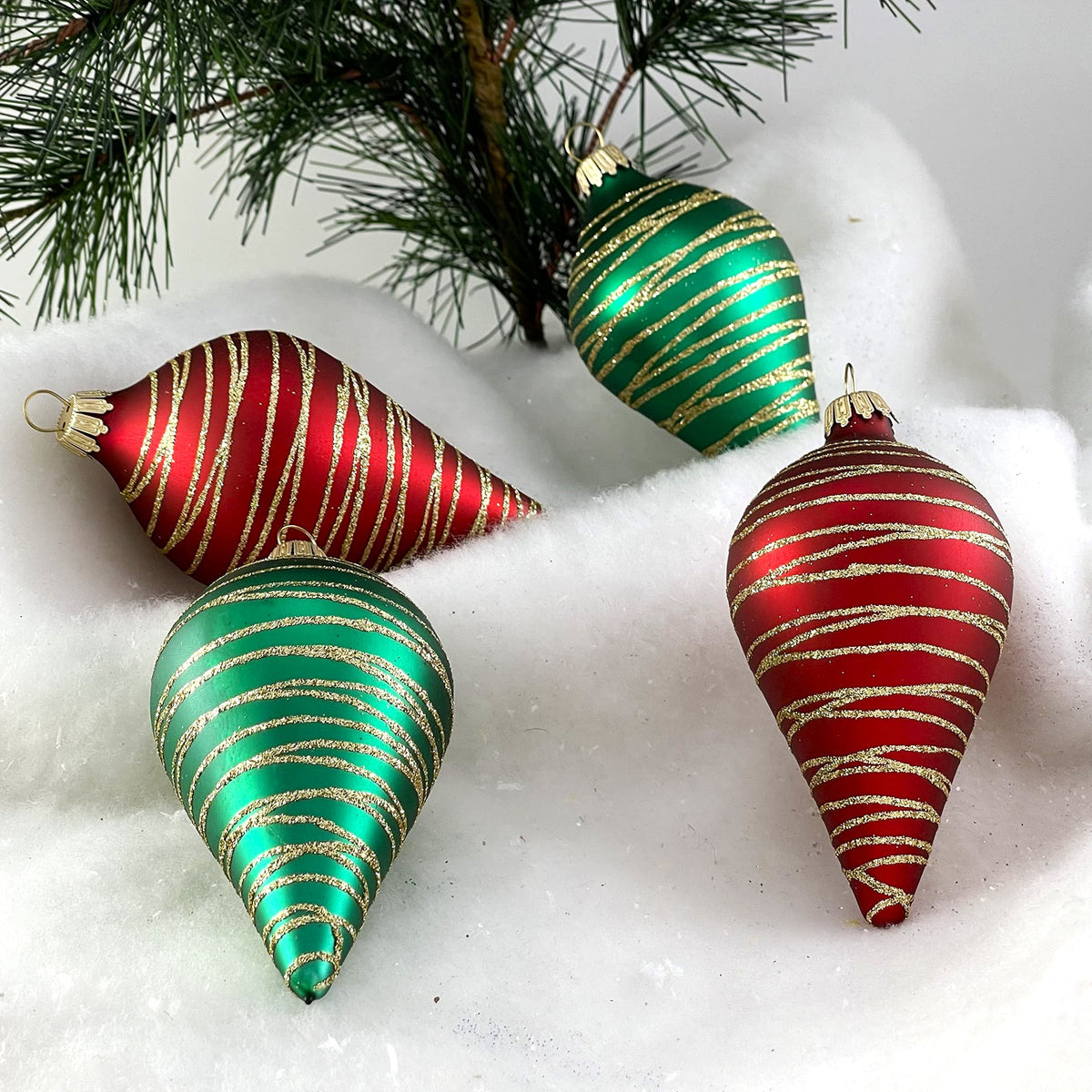 Glass Christmas Tree Ornaments - 67mm/2.63" [4 Pieces] Decorated Balls from Christmas by Krebs Seamless Hanging Holiday Decor (Red and Green Velvet 4" Drops with Tangles)