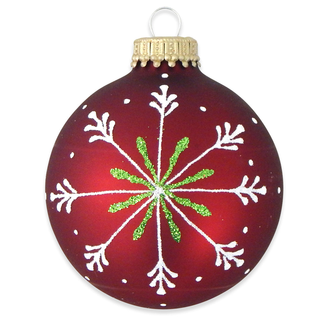 Glass Christmas Tree Ornaments - 67mm/2.625" [4 Pieces] Decorated Balls from Christmas by Krebs Seamless Hanging Holiday Decor (Silver Pearl, Red & Green Velvet with Thin Snowflakes)