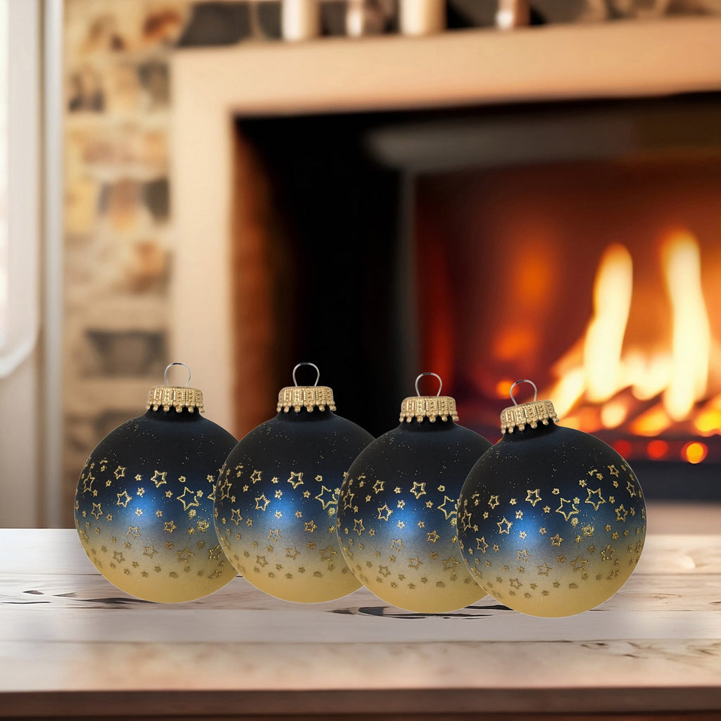 Glass Christmas Tree Ornaments - 67mm/2.63" [4 Pieces] Decorated Balls from Christmas by Krebs Seamless Hanging Holiday Decor (Midnight Haze Blue and Chiffon Gold With Stars)