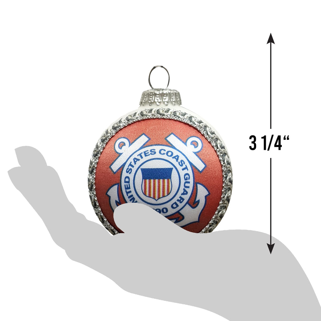 Christmas Tree Ornaments Made in the USA - 80mm / 3.25" Decorated Collectible Glass Balls from Christmas by Krebs - Handmade Hanging Holiday Decoration for Trees (USCG Logo & Hymn, Silk)