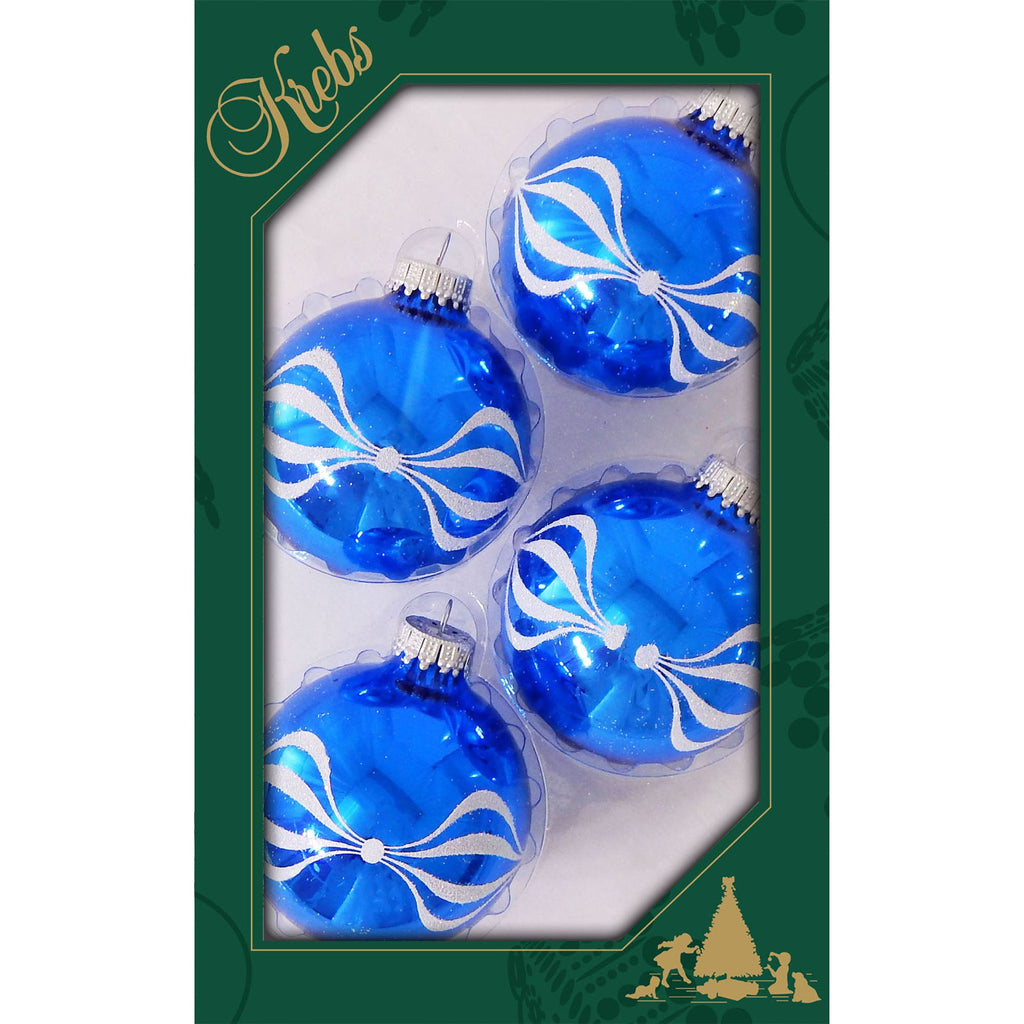 Glass Christmas Tree Ornaments - 67mm/2.63" [4 Pieces] Decorated Balls from Christmas by Krebs Seamless Hanging Holiday Decor (Classic Blue Shine with White Finial Ripples)