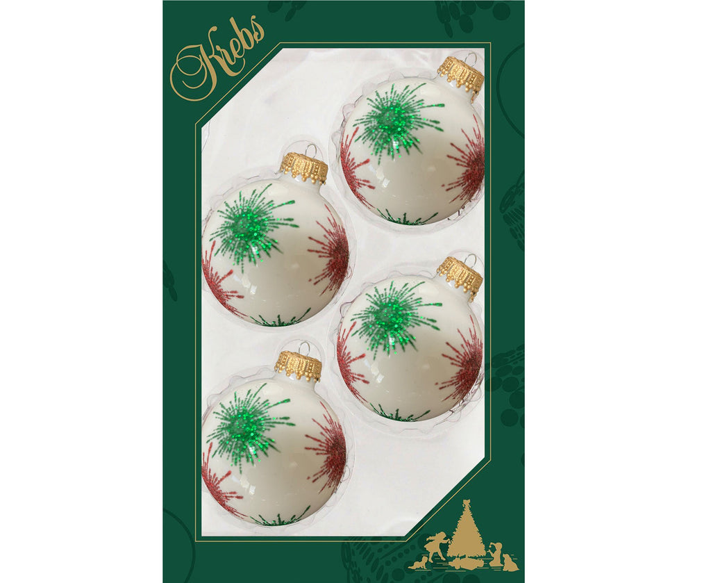 Glass Christmas Tree Ornaments - 67mm/2.63" [4 Pieces] Decorated Balls from Christmas by Krebs Seamless Hanging Holiday Decor (Porcelain White with Red & Green Starlight)