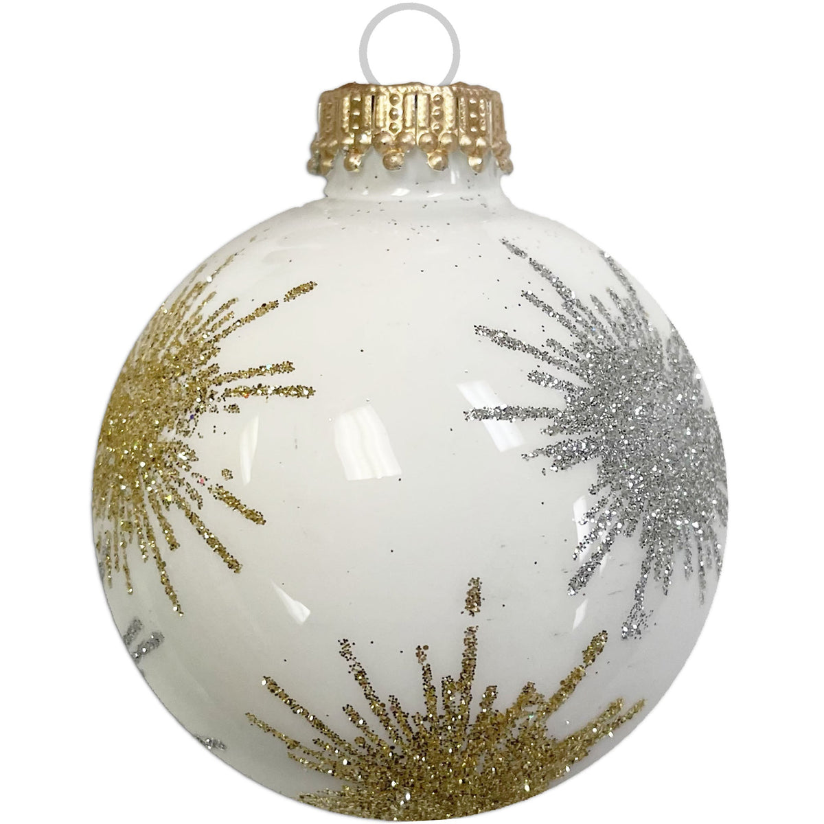 Glass Christmas Tree Ornaments - 67mm/2.63" [4 Pieces] Decorated Balls from Christmas by Krebs Seamless Hanging Holiday Decor (Porcelain White with Silver & Gold Starlight)