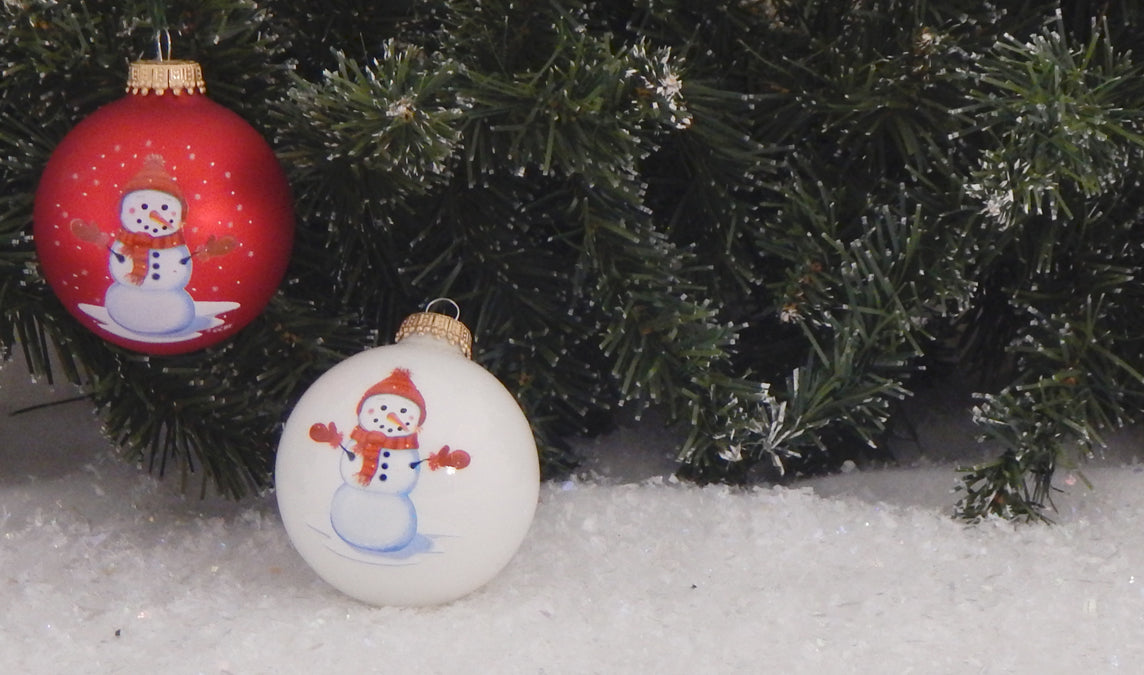 Glass Christmas Tree Ornaments - 67mm/2.63" [4 Pieces] Decorated Balls from Christmas by Krebs Seamless Hanging Holiday Decor (Porcelain White and Flame Red with Snowman)