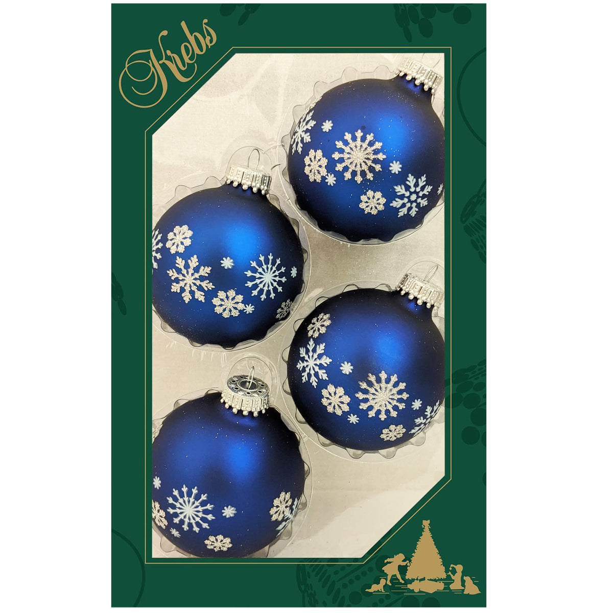 Glass Christmas Tree Ornaments - 67mm/2.63" [4 Pieces] Decorated Balls from Christmas by Krebs Seamless Hanging Holiday Decor (Blue w/ Silver Glitter and White Snowflakes)