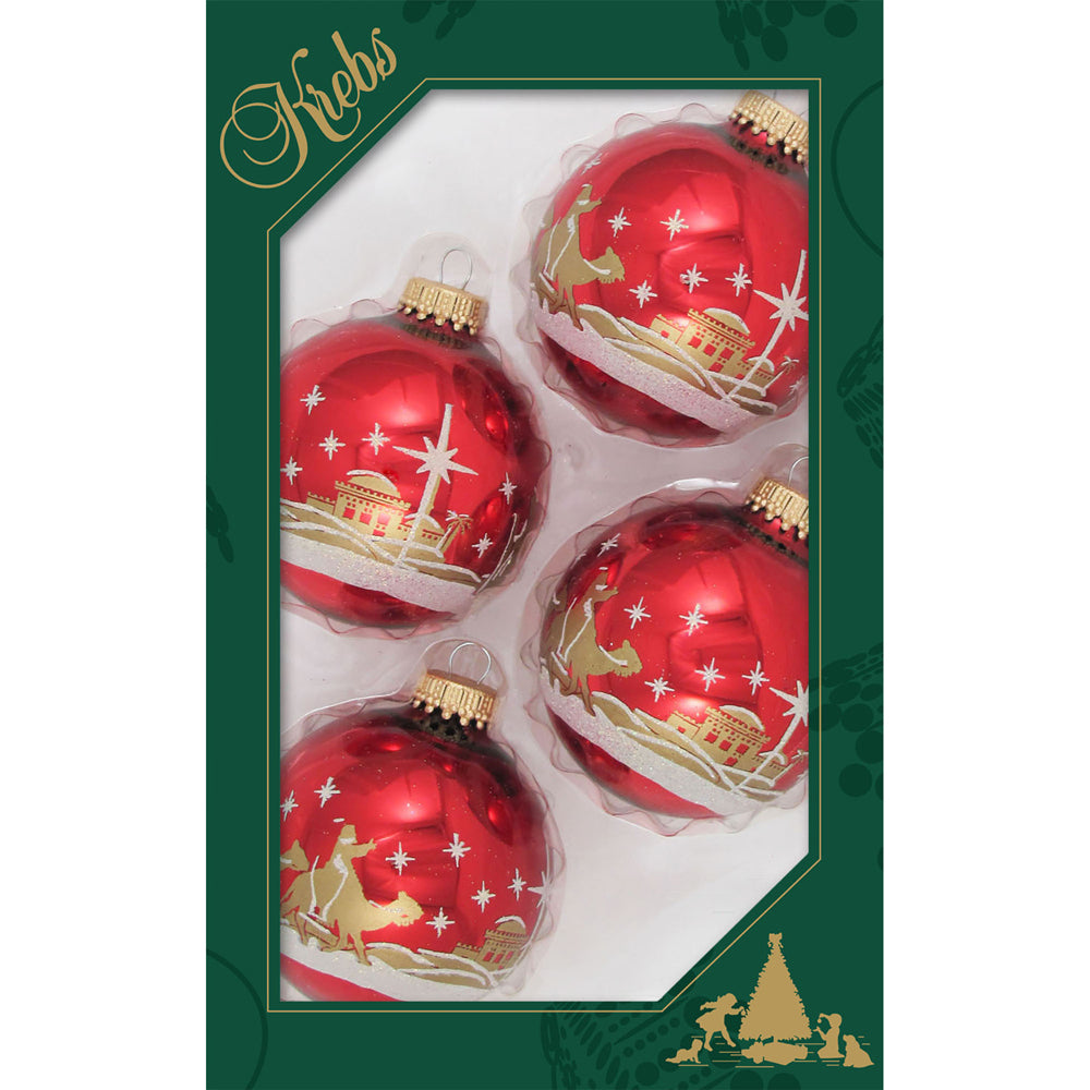 Glass Christmas Tree Ornaments - 67mm/2.63" [4 Pieces] Decorated Balls from Christmas by Krebs Seamless Hanging Holiday Decor (Christmas Red with Bethlehem Scene)