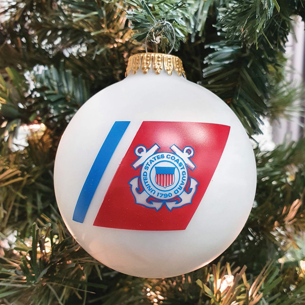 Christmas Tree Ornaments Made in the USA - 80mm / 3.25" Decorated Collectible Glass Balls from Christmas by Krebs - Handmade Hanging Holiday Decoration for Trees (USCG Logo and Hymn)
