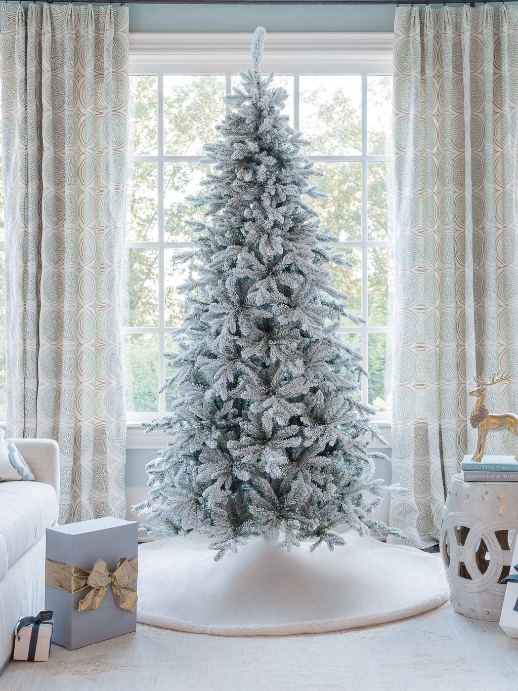 7.5' Queen Flock® Slim Artificial Christmas Tree With 1800 Lux LED Lights