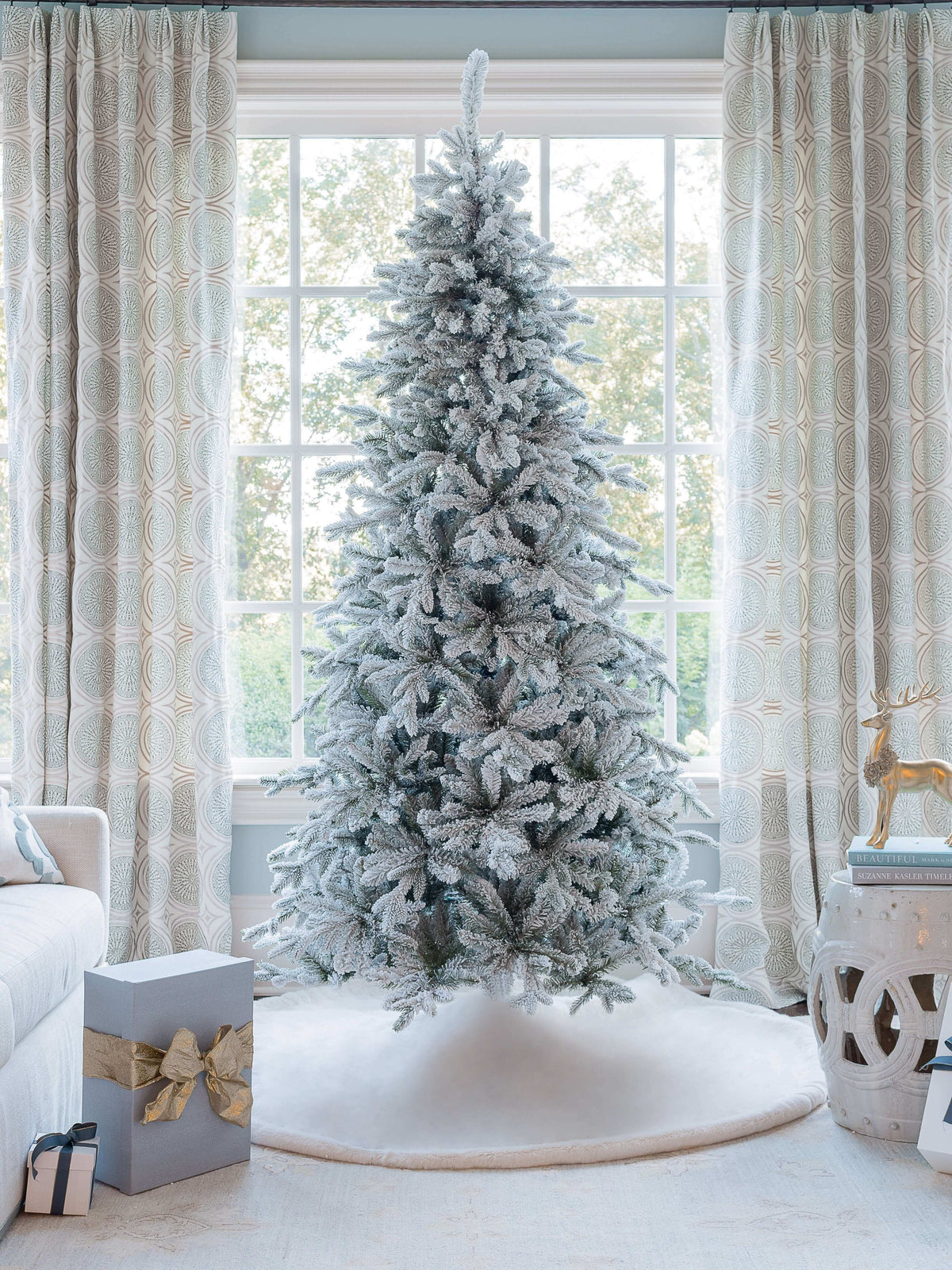 7.5' Queen Flock® Slim Artificial Christmas Tree With 1800 Lux LED Lights