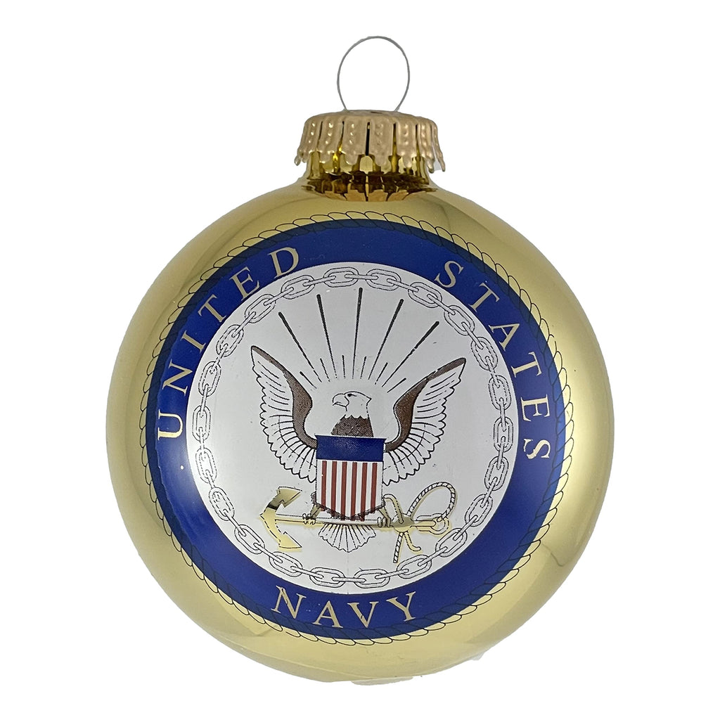 Christmas Tree Ornaments Made in the USA - 80mm / 3.25" Decorated Collectible Glass Balls from Christmas by Krebs - Handmade Hanging Holiday Decoration for Trees (USN Logo & Hymn)