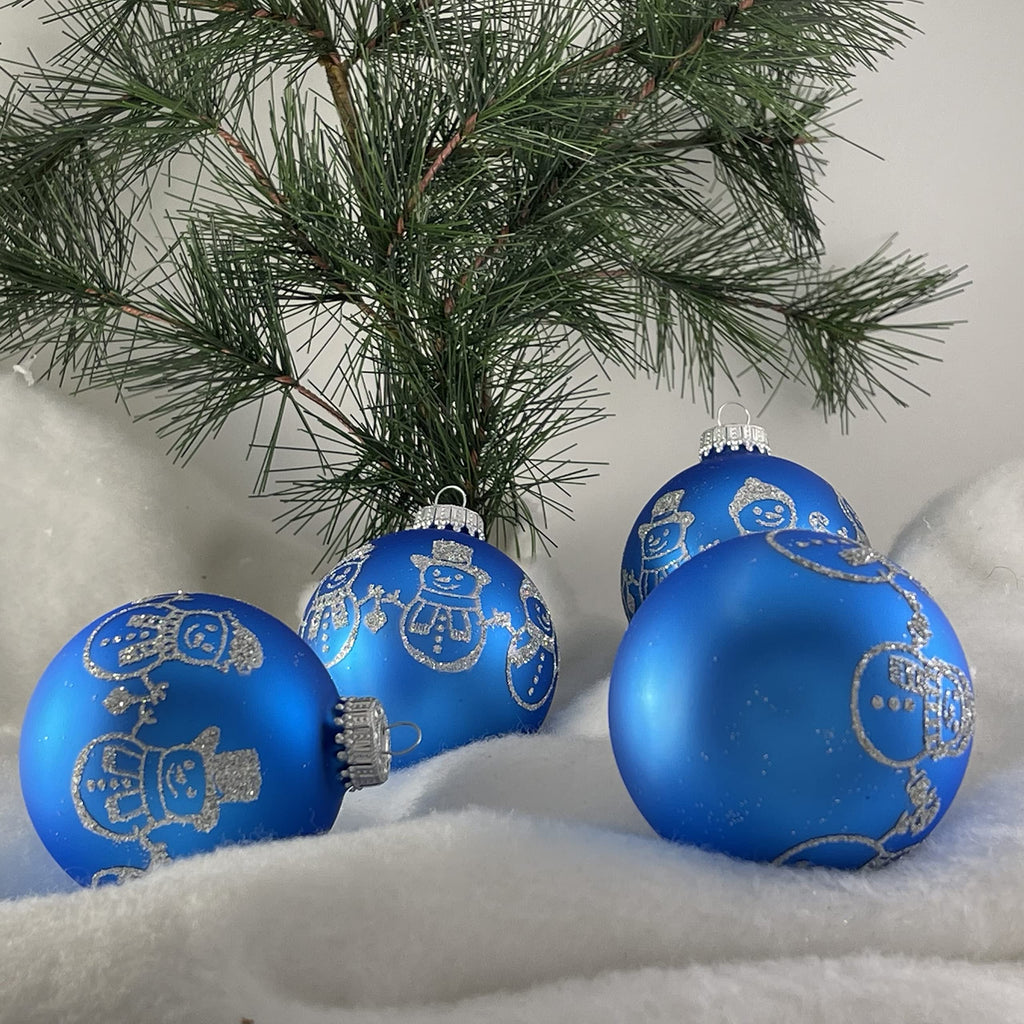 Glass Christmas Tree Ornaments - 67mm/2.625" [4 Pieces] Decorated Balls from Christmas by Krebs Seamless Hanging Holiday Decor (Classic Blue Velvet with Silver Glitter Snowman Band)