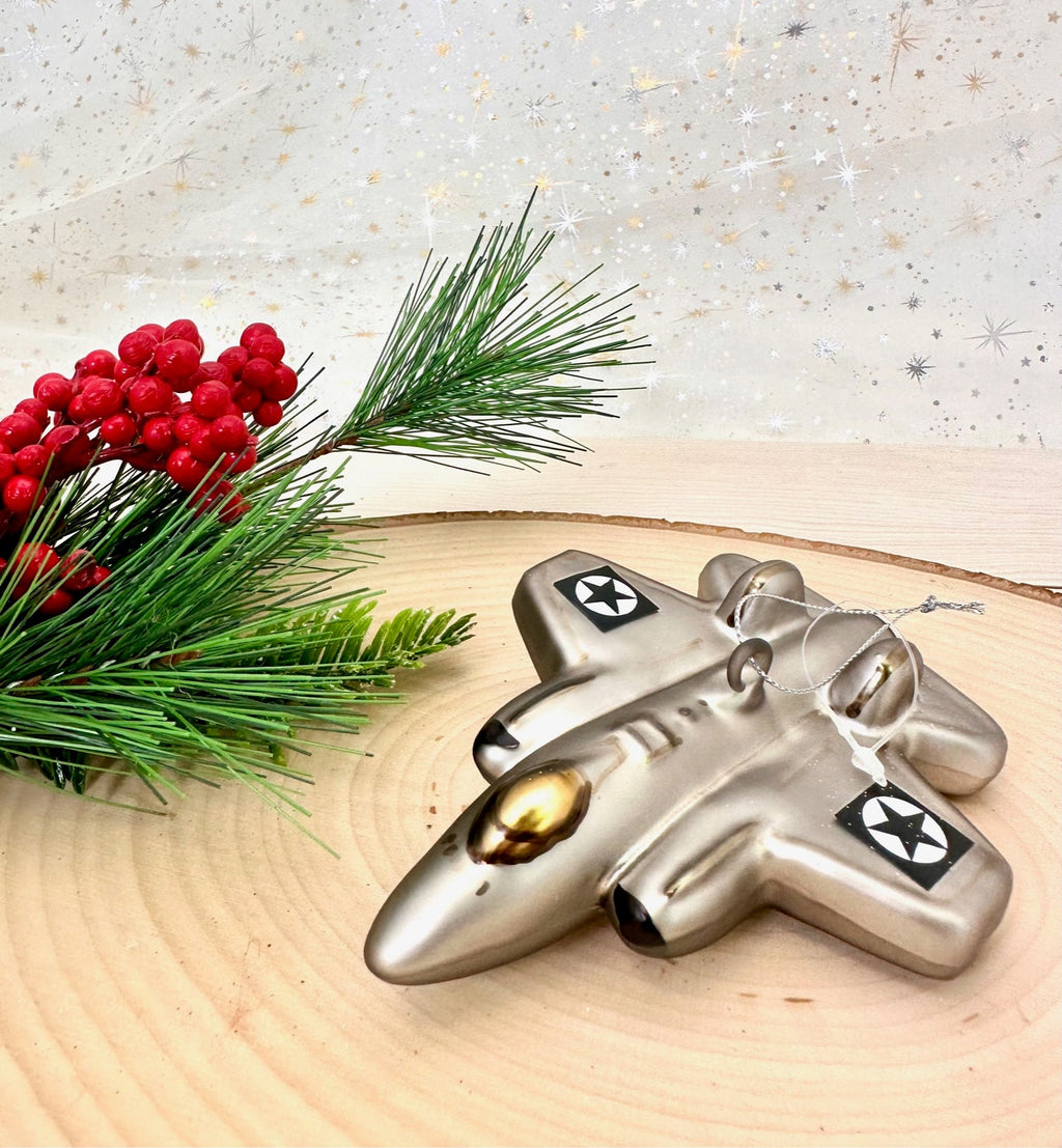 Christmas By Krebs Blown Glass  Collectible Tree Ornaments  (5" Fighter Jet)