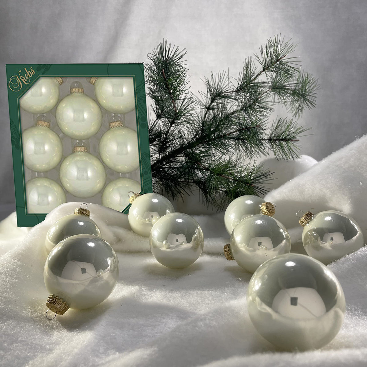 Christmas By Krebs Made in The USA Designer Seamless Glass Christmas Ball Ornaments, 2 5/8" (67mm), 8 Pieces (Shiny Pearl)
