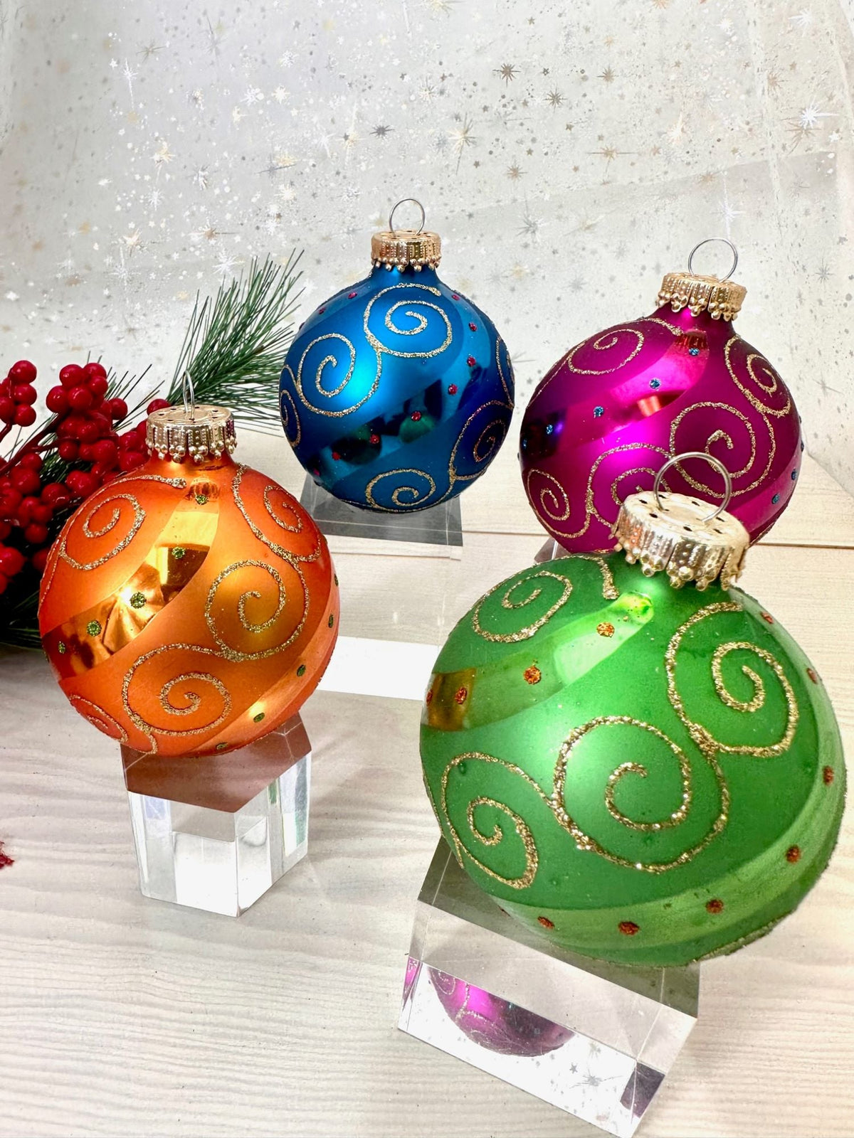 Glass Christmas Tree Ornaments - 67mm/2.625" [4 Pieces] Decorated Balls from Christmas by Krebs Seamless Hanging Holiday Decor (Green, Purple, Orange & Blue with Swirls & Scrolls)