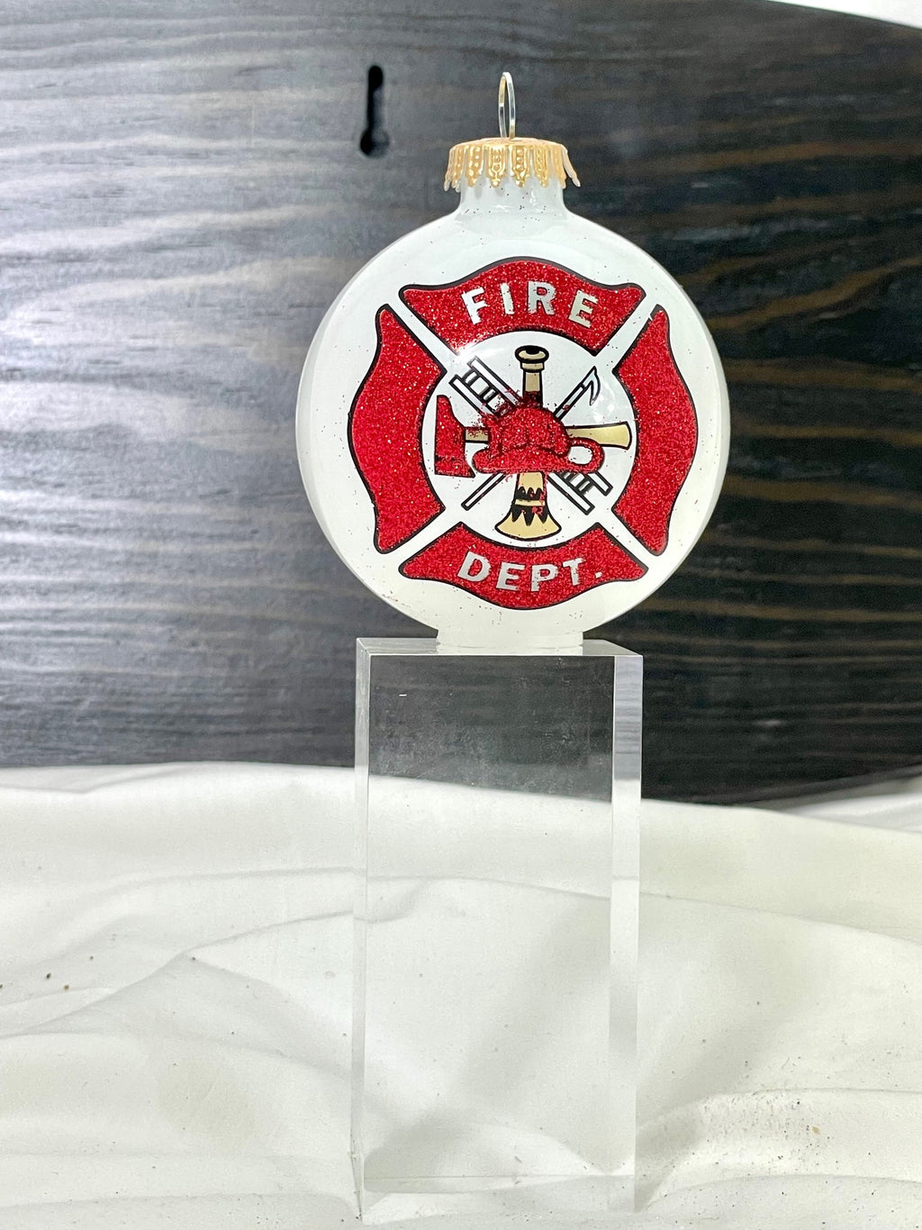 Christmas Tree Ornaments - 80mm / 3.25" Decorated Collectible Glass Balls from Christmas by Krebs - Handmade Hanging Holiday Decorations for Trees (Fire Department Logo)