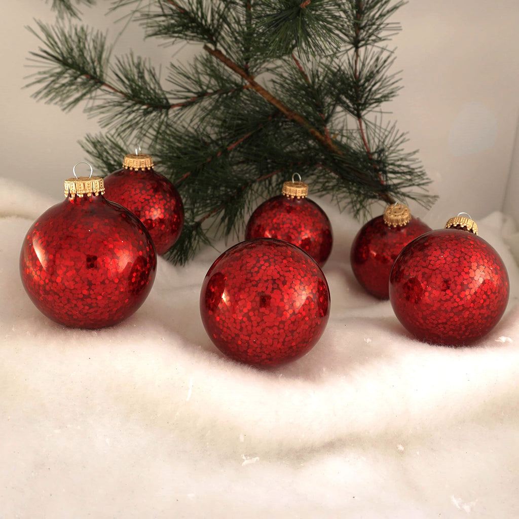 Glass Christmas Tree Ornaments - 67mm / 2.63" [6 Pieces] Designer Balls from Christmas By Krebs Seamless Hanging Holiday Decor (Crimson Red Spangle)