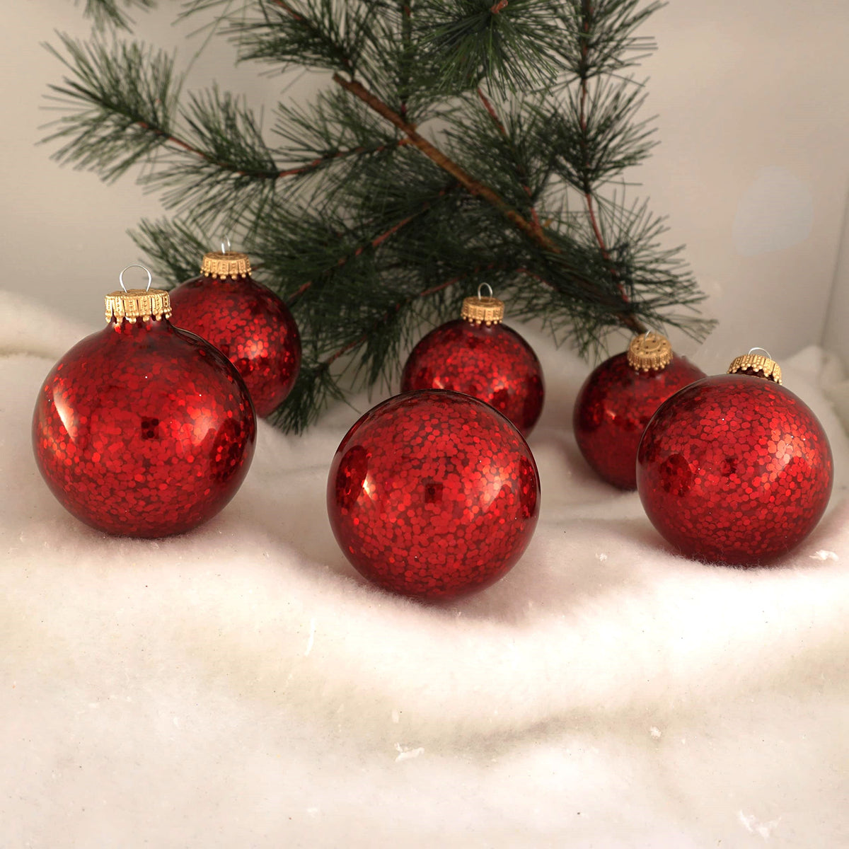Glass Christmas Tree Ornaments - 67mm / 2.63" [6 Pieces] Designer Balls from Christmas By Krebs Seamless Hanging Holiday Decor (Crimson Red Spangle)