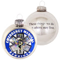 Christmas Tree Ornaments - 80mm / 3.25" Decorated Collectible Glass Balls from Christmas by Krebs - Handmade Hanging Holiday Decorations for Trees (Bright Silver with Emergency Medical Services-EMS Logo)