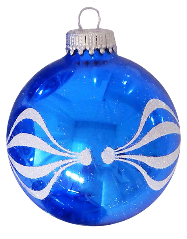 Glass Christmas Tree Ornaments - 67mm/2.63" [4 Pieces] Decorated Balls from Christmas by Krebs Seamless Hanging Holiday Decor (Classic Blue Shine with White Finial Ripples)