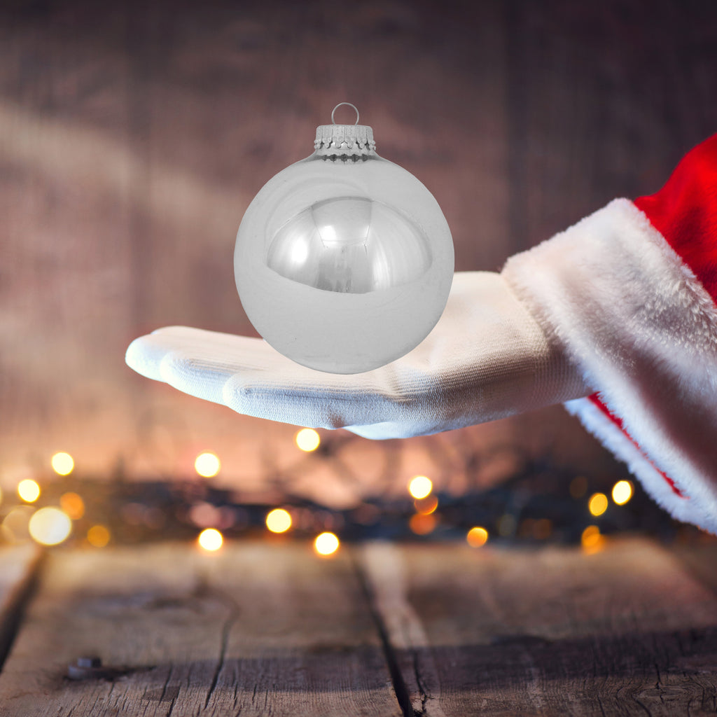 Glass Christmas Tree Ornaments - 80mm / 3.25" [4 Pieces] Designer Balls from Christmas By Krebs Seamless Hanging Holiday Decor (Bright Silver)